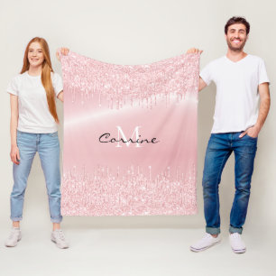 Monogram Blush Pink Dripping Glitter Metallic Name Fleece Blanket