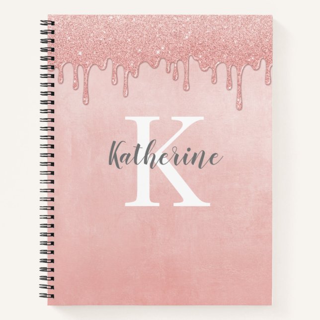 Monogram Blush Pink dripping glitter Notebook (Front)