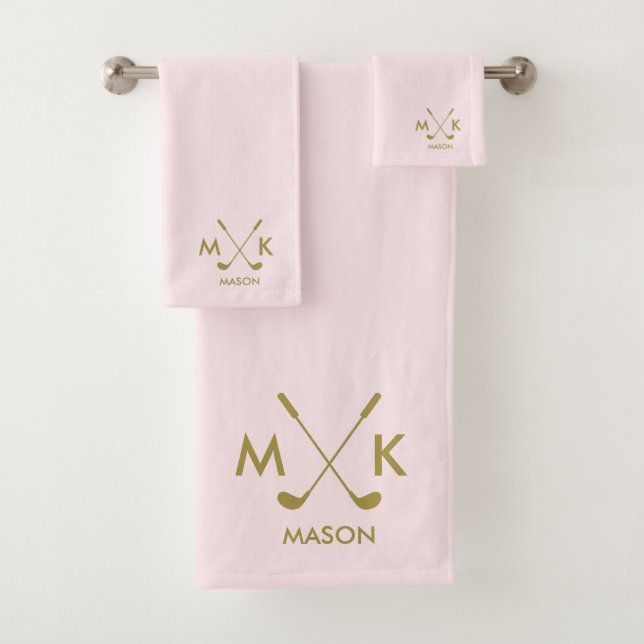 Monogram Blush Pink | Elegant Gold Golf Club-logo Bath Towel Set (Insitu)