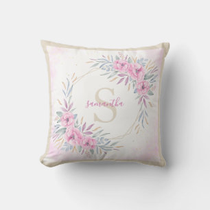 Monogram Blush Pink Floral Watercolor Elegant Cushion