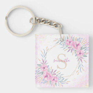 Monogram Blush Pink Floral Watercolor Elegant Key Ring
