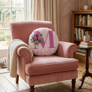 Monogram Blush Pink Floral Watercolor Initial Name Round Cushion