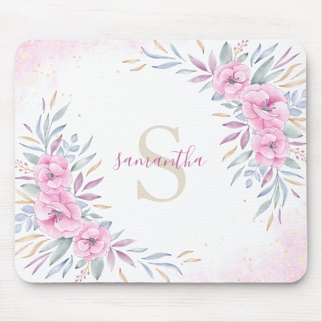 Monogram Blush Pink Flowers Watercolor Cute Boho Mouse Mat (Front)
