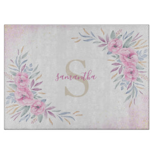 Monogram Blush Pink Flowers Watercolor Elegant Cutting Board