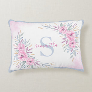 Monogram Blush Pink Flowers Watercolor Elegant Decorative Cushion