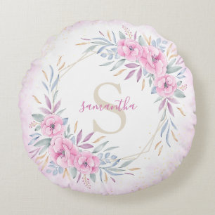 Monogram Blush Pink Flowers Watercolor Elegant Round Cushion