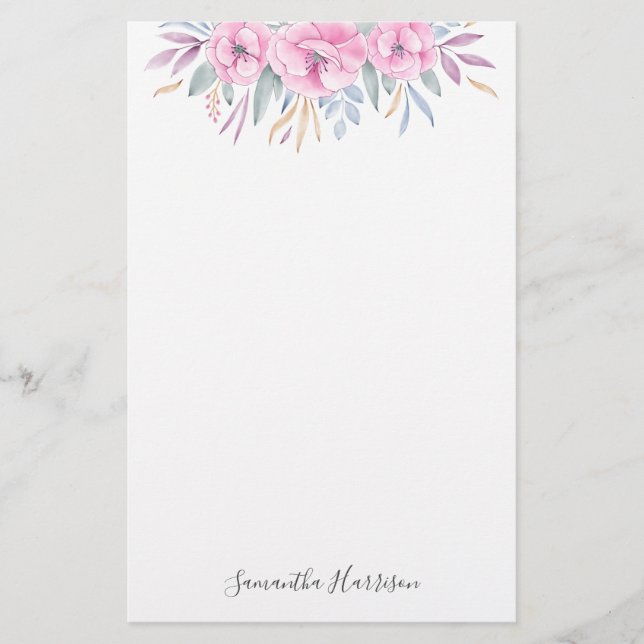 Monogram Blush Pink Flowers Watercolor Elegant Stationery (Front)