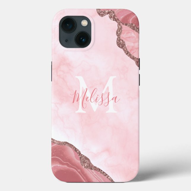 Monogram Blush Pink Geode Glitter Calligraphy Case-Mate iPhone Case (Back)
