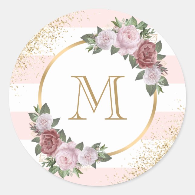 Monogram Blush Pink Gold Confetti Floral Classic Round Sticker (Front)