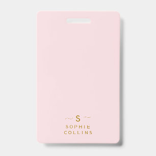 Monogram Blush Pink Gold Minimalist Elegant Name ID Badge