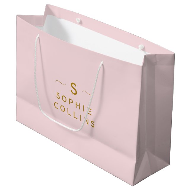 Monogram Blush Pink Gold Minimalist Elegant Name Large Gift Bag (Front Angled)