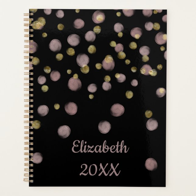 Monogram Blush Pink Gold Overlay on Black  Planner (Front)