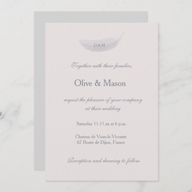Monogram Blush Pink Grey Feather Elegant Wedding Invitation (Front/Back)