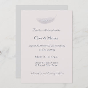 Monogram Blush Pink Grey Feather Elegant Wedding Invitation