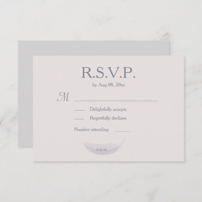 Monogram Blush Pink Grey Feather Wedding RSVP Invitation (Front/Back)