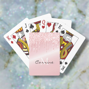 Monogram Blush Pink Metallic Dripping Glitter Playing Cards