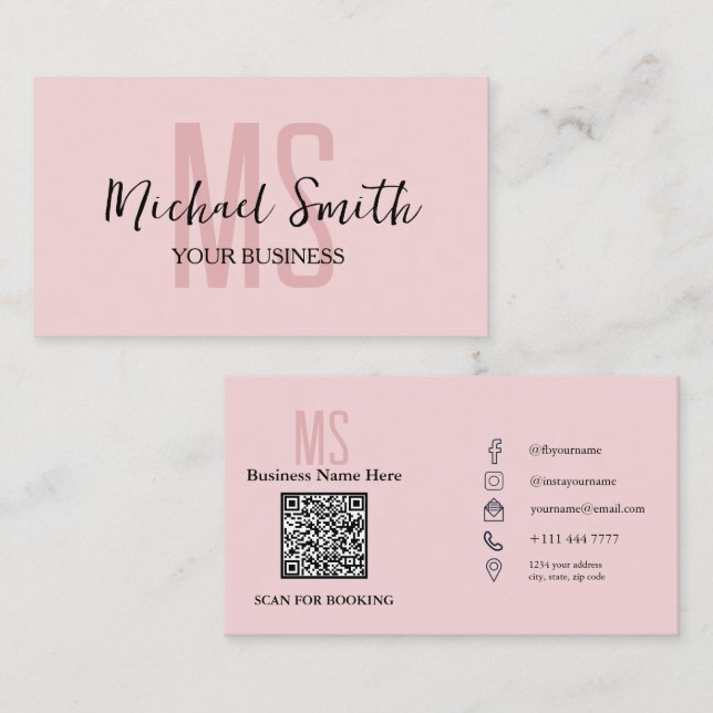 Monogram Blush Pink Minimalist Modern QR Code Logo Business Card (Front/Back)