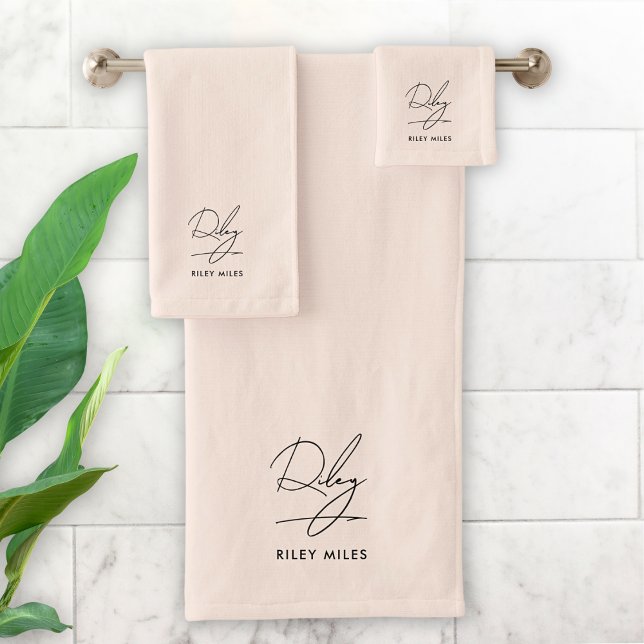 Monogram Blush Pink Modern Minimalist Signature Bath Towel Set (Creator Uploaded)