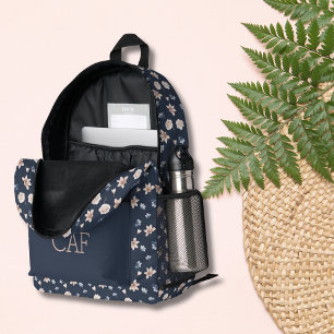 Monogram Blush Pink Navy Blue Floral Flowers Printed Backpack