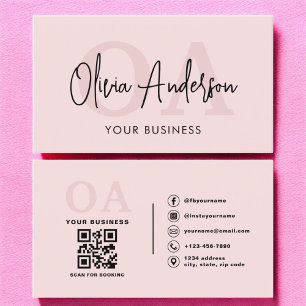 Monogram Blush Pink QR Code Modern Minimalist Business Card