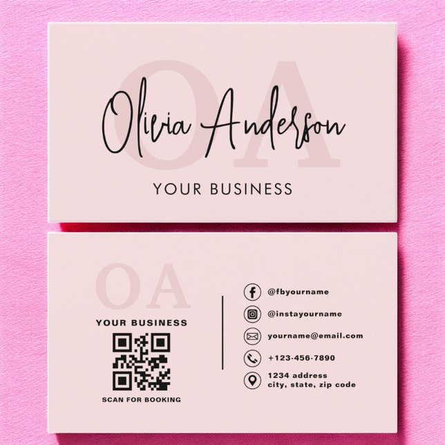 Monogram Blush Pink QR Code Modern Minimalist  Business Card (Creator Uploaded)