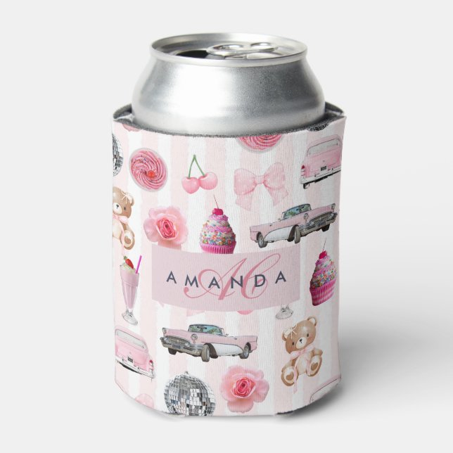 Monogram Blush Pink Retro Disco Ball Coquette  Can Cooler (Can Front)