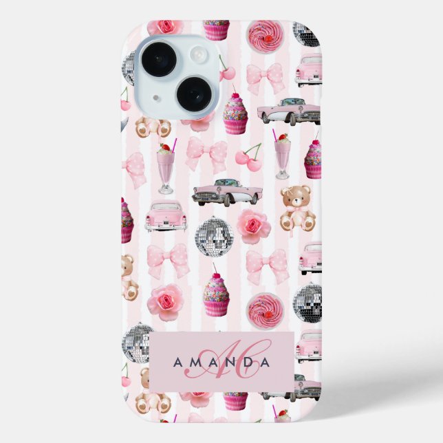Monogram Blush Pink Retro Disco Ball Coquette  Case-Mate iPhone Case (Back)