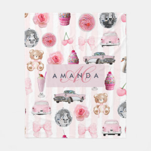Monogram Blush Pink Retro Disco Ball Coquette  Fleece Blanket