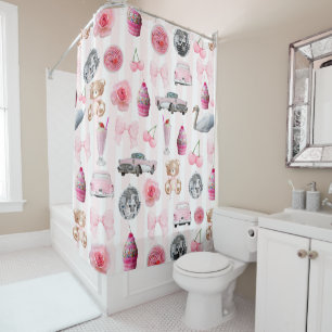 Monogram Blush Pink Retro Disco Ball Coquette Shower Curtain