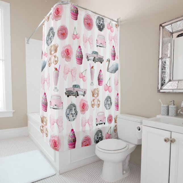 Monogram Blush Pink Retro Disco Ball Coquette  Shower Curtain (In Situ)