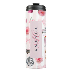 Monogram Blush Pink Retro Disco Ball Coquette Thermal Tumbler