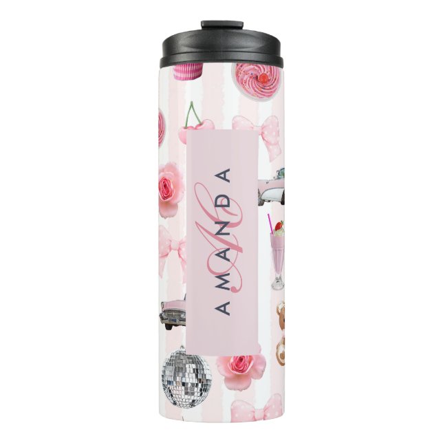Monogram Blush Pink Retro Disco Ball Coquette  Thermal Tumbler (Front)