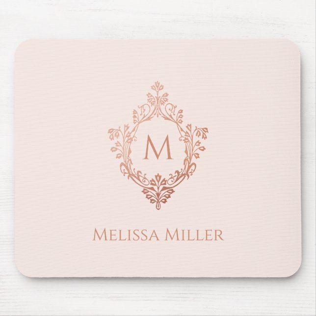 Monogram Blush Pink Rose Gold Crest Name Elegant Mouse Mat (Front)