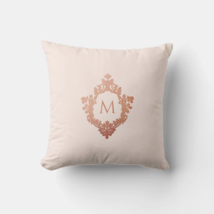 Monogram Blush Pink Rose Gold Elegant Ornate Crest Cushion