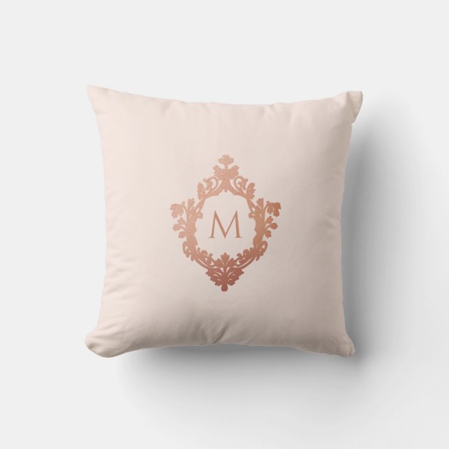 Monogram Blush Pink Rose Gold Elegant Ornate Crest Cushion (Front)