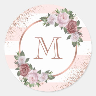 Monogram Blush Pink Rose Gold Floral  Classic Round Sticker