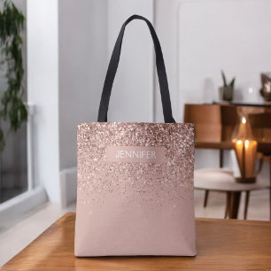 Monogram Blush Pink Rose Gold Glitter & Sparkle Tote Bag