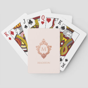 Monogram Blush Pink Rose Gold Vintage Crest Name Playing Cards