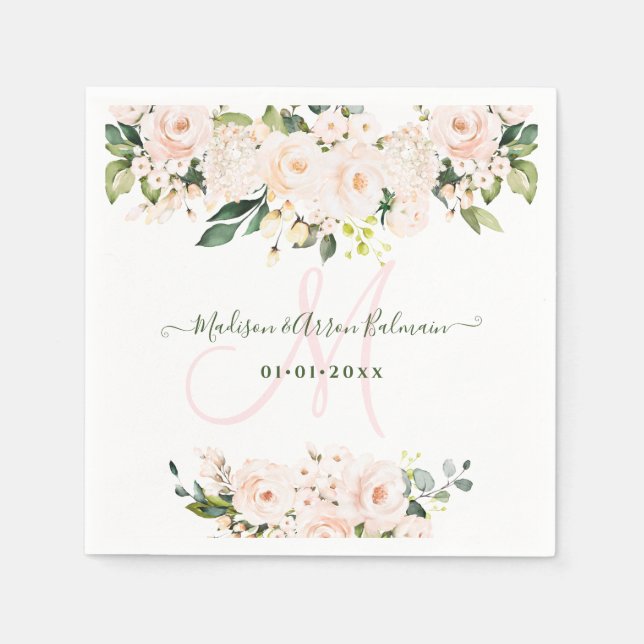 Monogram Blush Pink Roses Eucalyptus Any Event Napkin (Front)