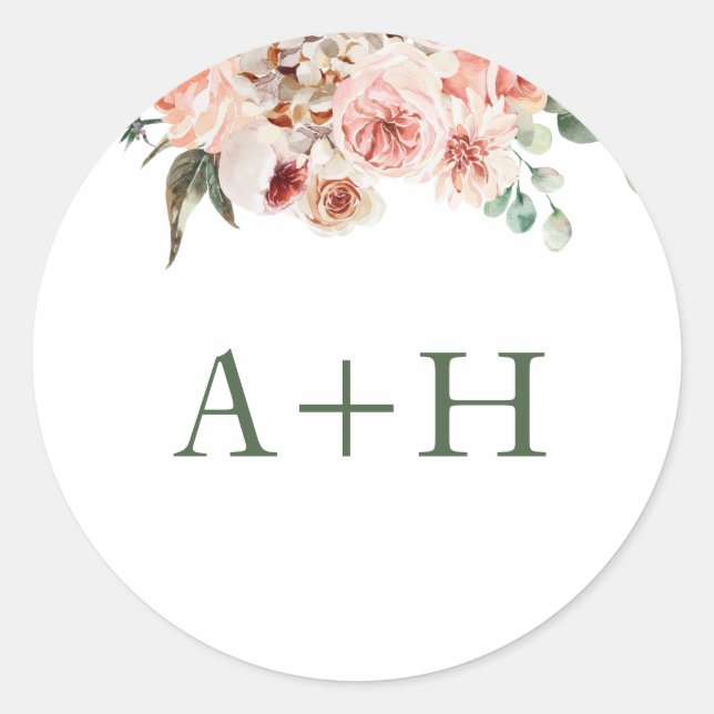 Monogram Blush Pink Roses Greenery Wedding Classic Round Sticker (Front)