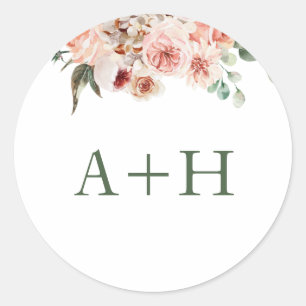 Monogram Blush Pink Roses Greenery Wedding Classic Round Sticker