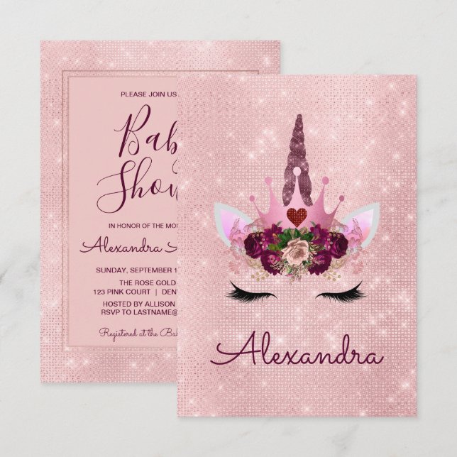 Monogram Blush Pink Sparkle Unicorn Baby Shower Invitation (Front/Back)