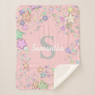 Monogram Blush Pink Stars Baby Girl's Personalised Sherpa Blanket