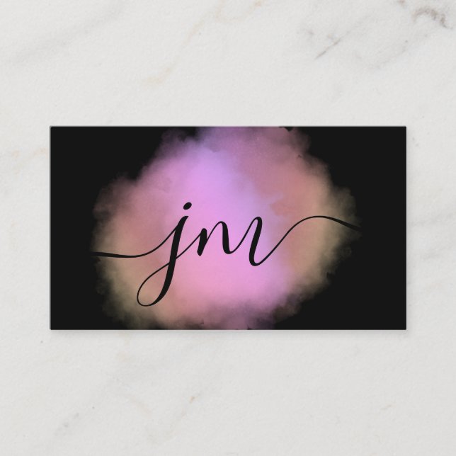 Monogram Blush Pink Watercolor Black Business Card (Front)