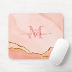 Monogram Blush Pink Watercolor & Faux Gold Mouse  Mouse Mat