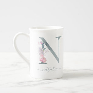 Monogram Blush Pink Watercolor Floral Letter N Bone China Mug