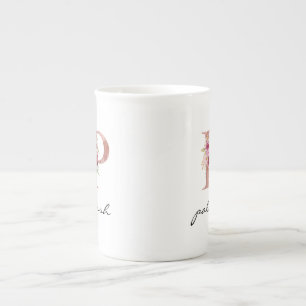 Monogram Blush Pink Watercolor Floral Letter P Bone China Mug