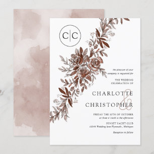 Monogram blush pink watercolor floral wedding invitation