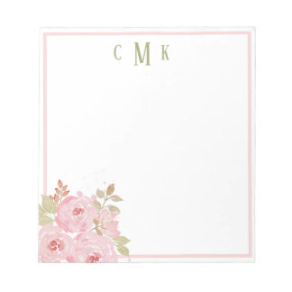 Monogram Blush Pink Watercolor Roses Boho Floral Notepad