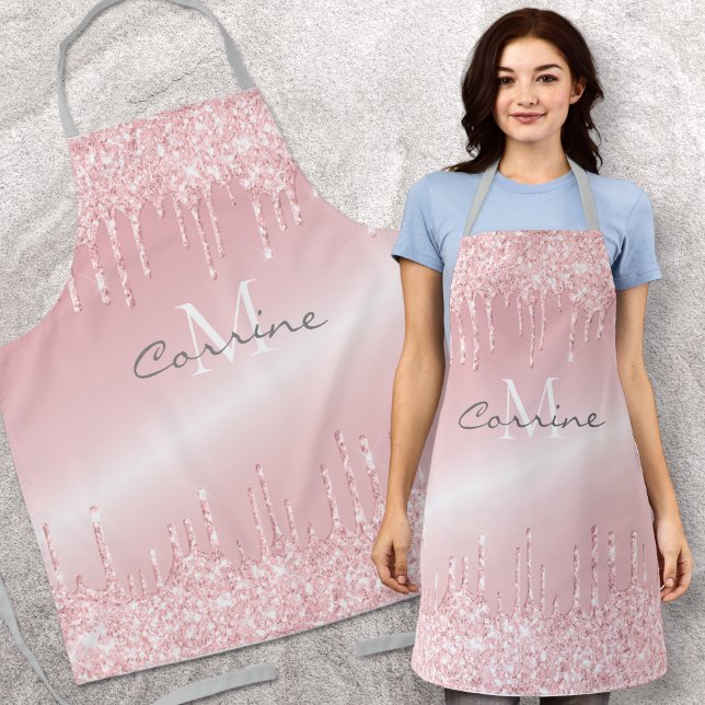 Monogram Blush Rose Pink Dripping Glitter Metallic Apron (Creator Uploaded)
